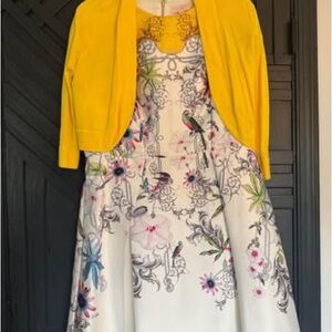 Ted Baker Cream Floral Fit-and-Flare Dress with Yellow Cropped Jacket